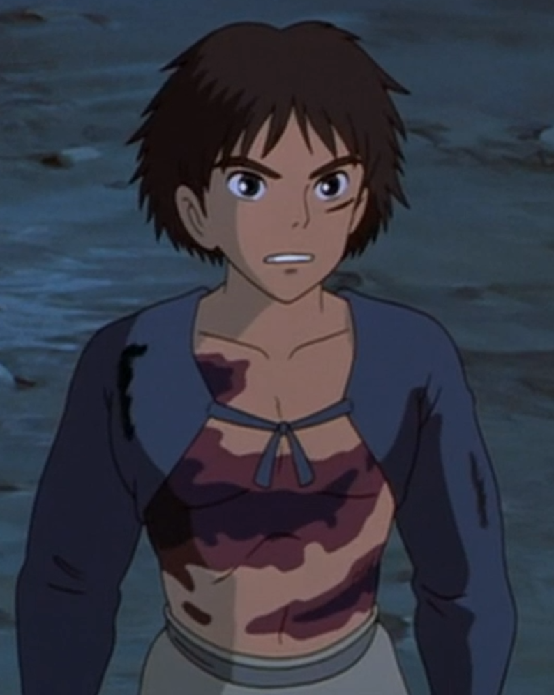 a screenshot of ashitaka from hayao miyazaki's princess mononoke. his chest is bare with scars and he wears two blue sleeves on his arms, tied together by a string.